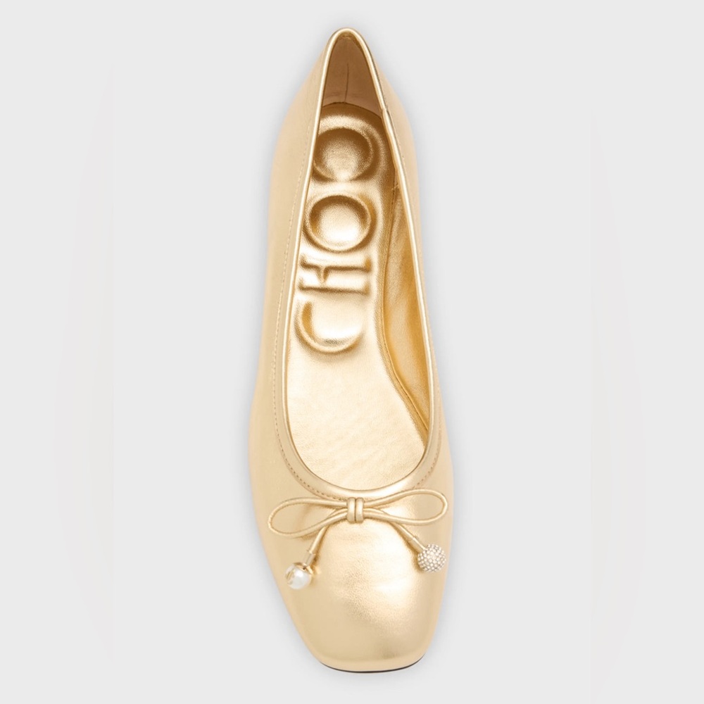 NWT Jimmy Choo Elme Metallic Bow Ballerina Flats in Gold